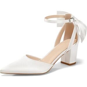 Coutgo Womens 7.5 White 2.5" Chunky Heel Closed Pointed Toe Ankle Strap Shoes